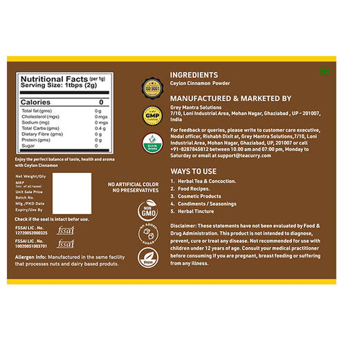 Backside of Teacurry Organic Ceylon Cinnamon Powder