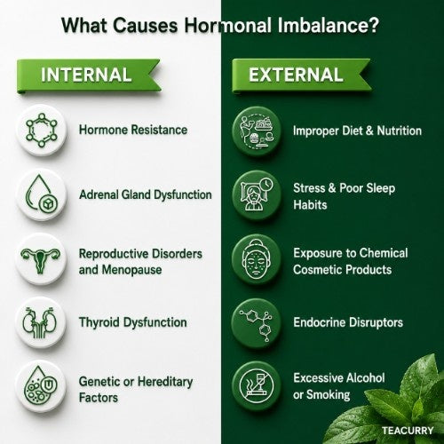Chart detailing causes of hormonal imbalance, divided into internal and external factors, with Teacurry 