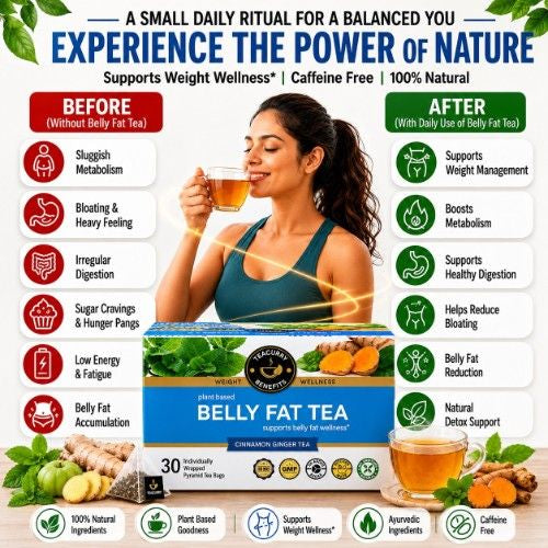 Teacurry belly fat tea packaging with a woman drinking tea, highlighting benefits and ingredients
