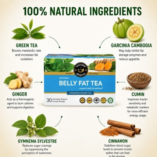 Belly fat tea packaging with natural ingredients listed