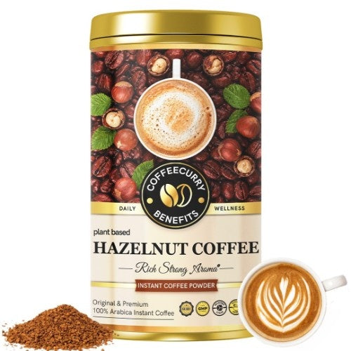 Hazelnut Instant Coffee Powder (Premium Golden Tin Can)- Arabica Freeze Dried Coffee for Instant Hot & Cold Coffee