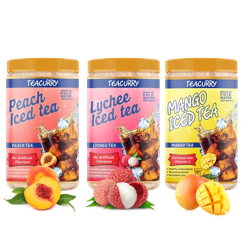 Teacurry Fruit Iced Tea Combo Pack of 3: Peach, Litchi, and Mango