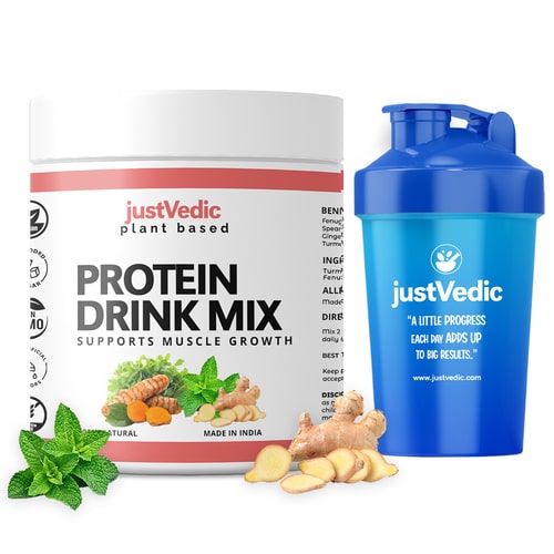 Justvedic Plant Based Protein Drink Mix with shaker