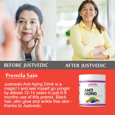 Justvedic Anti-Aging Drink Mix used by Premila Sain