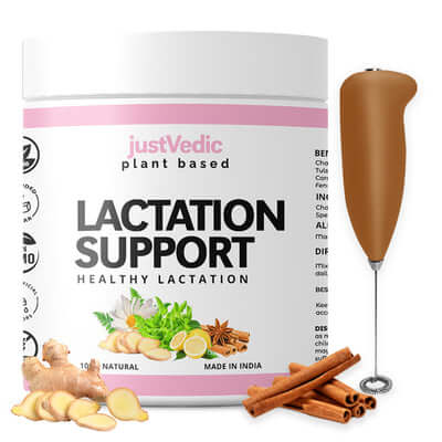 Justvedic Lactation Support Drink Mix  Jar and Frother