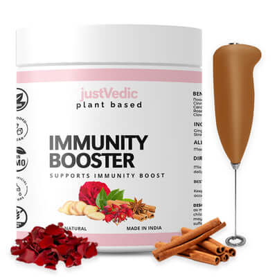 Justvedic Immunity Booster Drink Mix Jar and frother