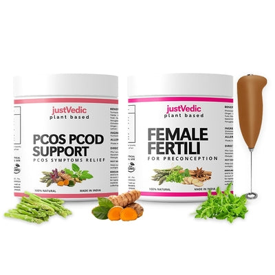 Justvedic PCOS-PCOD Fertility Drink Mix Combo Jar and Frother