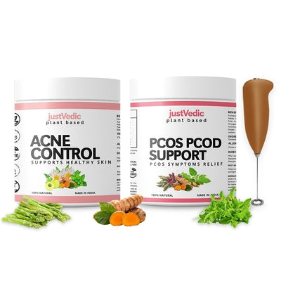 Justvedic PCOS PCOD Acne Control Drink Mix Combo Jar and Frother