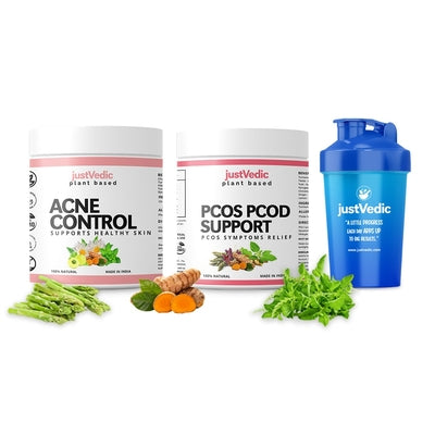 Justvedic PCOS PCOD Acne Control Drink Mix Combo Jar and Shaker