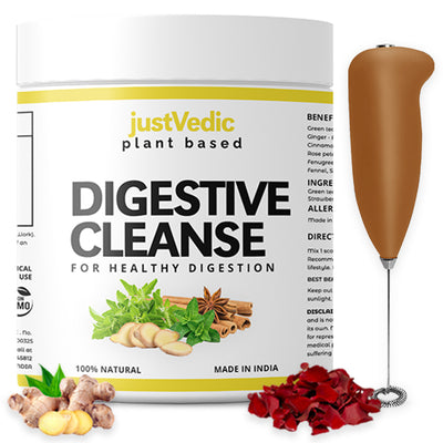 Justvedic Digestive Cleanse Drink Mix Jar and Frother