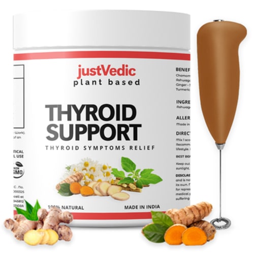 Justvedic Thyroid Support Drink Mix Jar and Frother