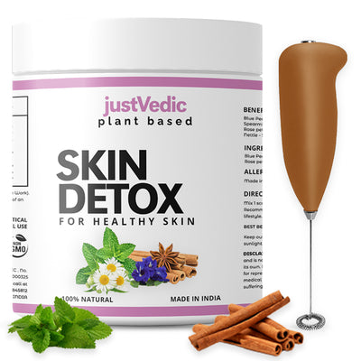 Justvedic Skin Detox Drink Mix Jar and Frother
