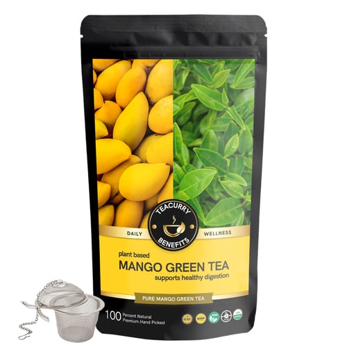 Teacurry mango green tea loose leaves pouch and infuser