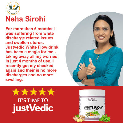 Justvedic White Flow Drink Mix used Neha Sirohi